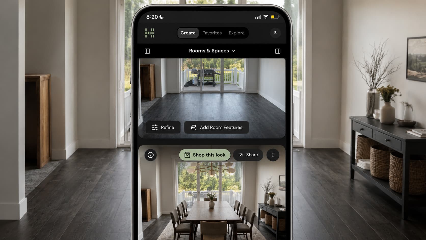 Homeform app showing a room visualization